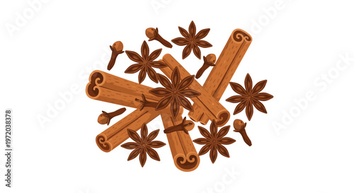 A fragrant collection of aromatic spices including rolled brown cinnamon sticks, star-shaped anise pods, and small dried cloves are scattered on white.