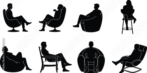 Silhouette people sitting chairs posture leisure furniture design indoor, flat vector