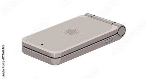 A sleek and modern grey clamshell flip phone sits closed on a neutral surface showcasing its smooth metallic finish and detailed hinge mechanism in perspective.