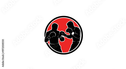 Boxing match silhouette, two fighters in ring, red circle emblem, sport competition