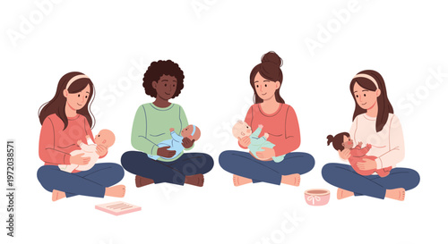 Four diverse mothers sit cross-legged on a neutral background while tenderly holding and nursing their newborn infants during a supportive parenting group session.