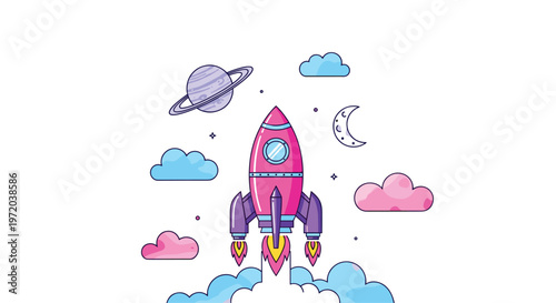 A whimsical pink and purple rocket ship launches through soft colorful clouds into a starry night sky featuring a crescent moon and ringed planet.