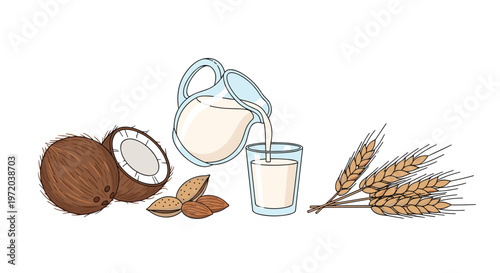 Refreshing pitcher and glass of creamy plant-based milk surrounded by its natural sources including fresh coconut, crunchy almonds, and wheat stalks.