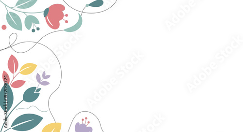 Elegant hand-drawn floral illustration with delicate blooming flowers and leaves, forming a decorative corner border on a white background for natural spring designs