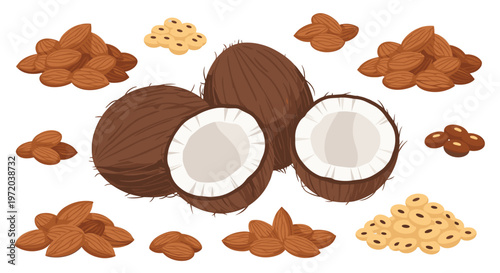 Diverse assortment of healthy plant-based ingredients featuring whole and halved coconuts alongside numerous piles of crunchy almonds and soybeans.