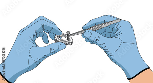 Skilled technician wearing protective blue gloves utilizes fine-tipped tweezers to insert a tiny screw into a complex circular metal gear component.