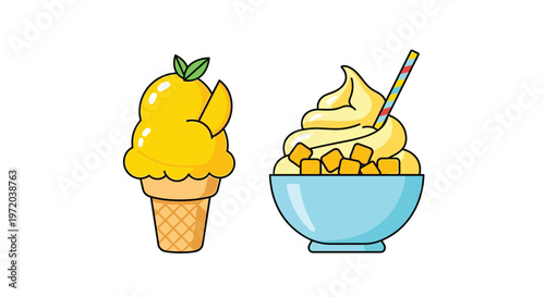 Delightful mango soft serve ice cream presented in a crispy waffle cone and a bright blue bowl topped with fresh fruit chunks and a striped straw.