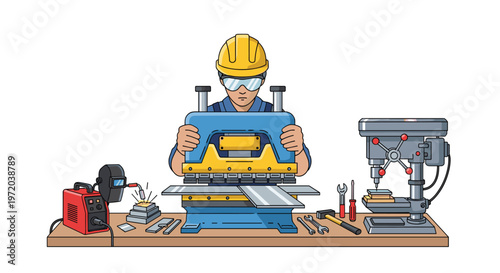 A dedicated industrial worker wearing a yellow hard hat and safety goggles operates a large blue metal press machine on a sturdy wooden workbench.