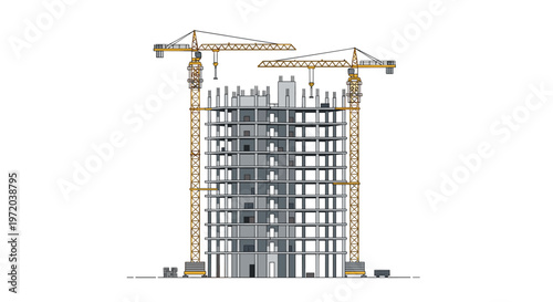 A symmetrical architectural view of a tall building frame under construction with two yellow tower cranes working on a bright and clear white background.