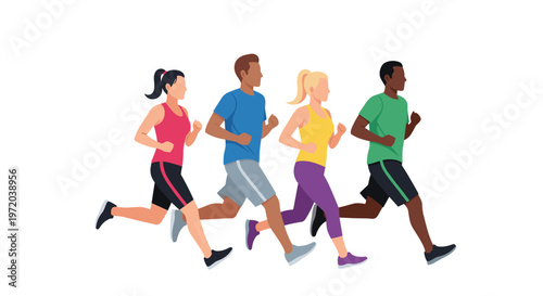 Four diverse athletes in vibrant pink, blue, yellow, and green sportswear engage in a synchronized morning jog across a pristine white background space.