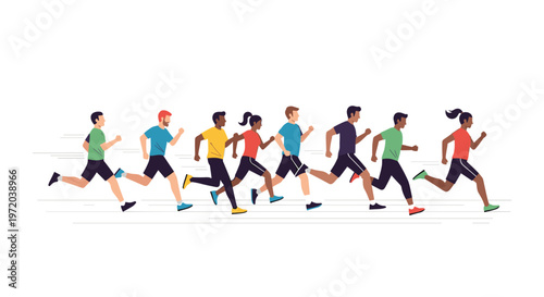 A large multi-ethnic group of eight determined runners demonstrates incredible speed with visible motion lines against a clean and minimalist backdrop.