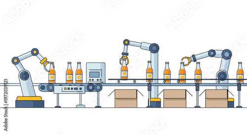 Meticulous robotic arms efficiently manage a sophisticated conveyor belt system filled with vibrant orange juice bottles in a sterile industrial facility.