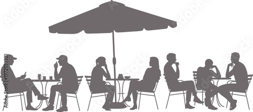 Outdoor cafe people silhouettes social conversation dining umbrella seating vector illustration scene