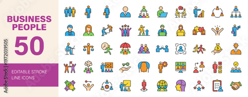 Set of 50 Modern Business People Line Icons for Teamwork, Collaboration, Corporate Communication, and Professional Services. Vector Outline Symbols