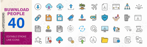 Versatile Collection of Line Icons Depicting Data Transfer, Cloud Storage, and Digital File Management Concepts for Modern UI/UX Design and Technology Projects