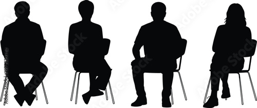People sitting on chairs silhouettes front view waiting interview flat vector illustration