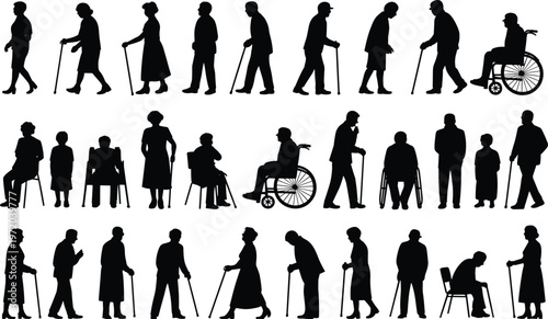 Senior elderly people silhouettes walking cane wheelchair sitting standing collection flat vector illustration