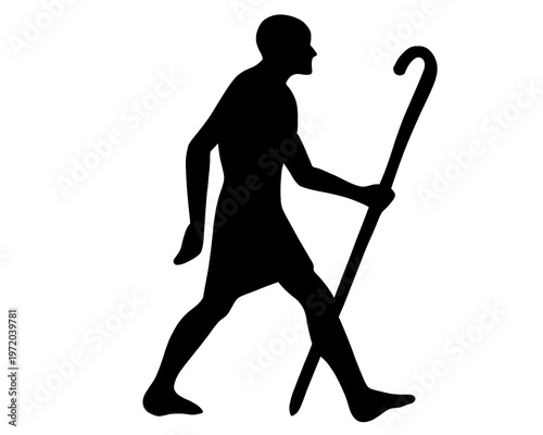 silhouette of ancient man holding stick, icon isolated on white background

