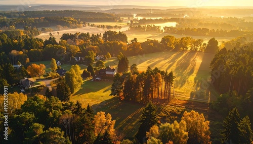 Aerial view of a serene landscape with trees and fields