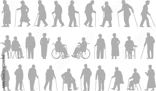 Elderly people silhouettes walking with cane wheelchair seniors collection flat vector illustration