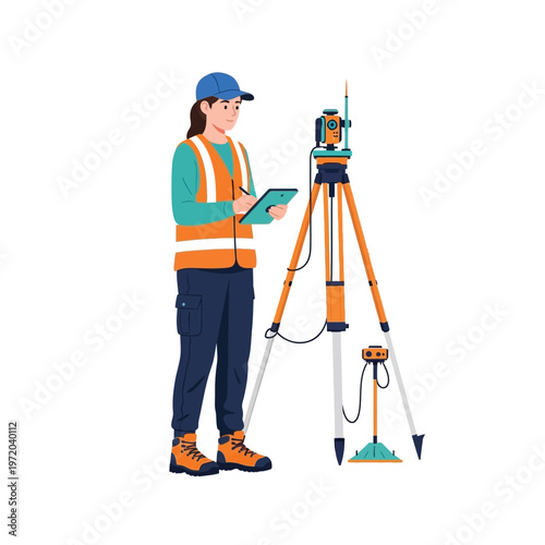 Dedicated female land surveyor taking precise measurements with a total station and holding a clipboard, conducting geodetic survey operations for engineering and mapping projects