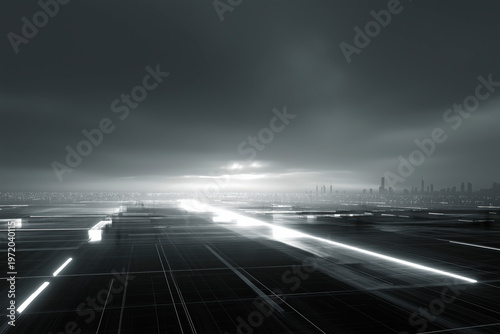 Monochromatic Digital City Grid With Glowing Light Trails Vanishing Into A Foggy Urban Horizon