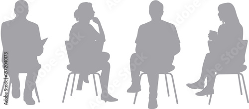 People sitting silhouettes interview discussion waiting reading coffee break flat vector illustration