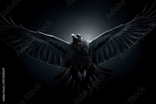 Majestic Black Raven Spreading Large Wings In Flight Against A Dark Atmospheric Background