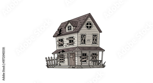 Old Abandoned Haunted House Vector Illustration with Boarded Windows and Creepy Spooky Atmosphere for Halloween or Urban Decay Concepts