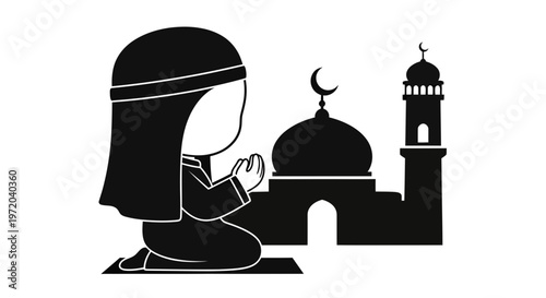 Muslim Child Praying Vector Illustration - Silhouette Graphic of Islamic Prayer with Mosque and Crescent Moon for Spirituality and Religious Education