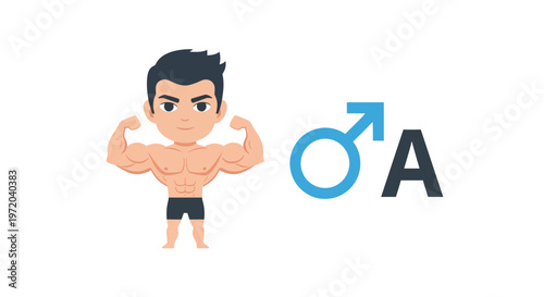 Muscular Man Flexing Biceps with Male Gender Symbol and Letter A Vector Illustration, Cartoon Style Graphic Representing Male Strength, Testosterone, and Androgen Hormones
