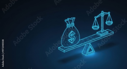 A digital scale balances a money bag with a dollar sign against an unseen counterweight