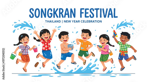 Vector of happy Thai children playing in the water celebrating "Songkran Festival" 004