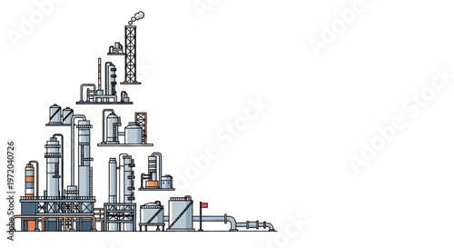 Industrial Oil Refinery and Chemical Plant Illustration in Flat Line Art Style Isolated on White Background.
