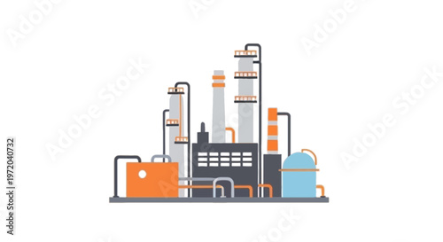Flat Vector Illustration of Oil Refinery and Chemical Industrial Plant Isolated on White Background.