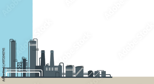 Flat Design Vector Illustration of Industrial Factory Complex and Oil Refinery with Copy Space