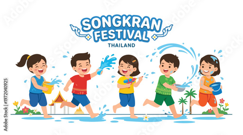 Vector of happy Thai children playing in the water celebrating "Songkran Festival" 003