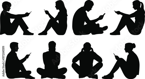 People using smartphones sitting silhouettes social media addiction concept flat vector illustration