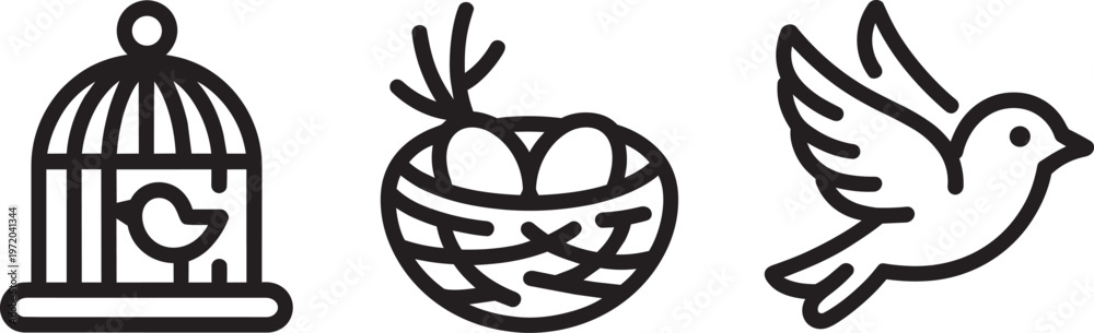 Obraz premium Bird themed icons cage nest flying bird line art for nature or freedom concepts.