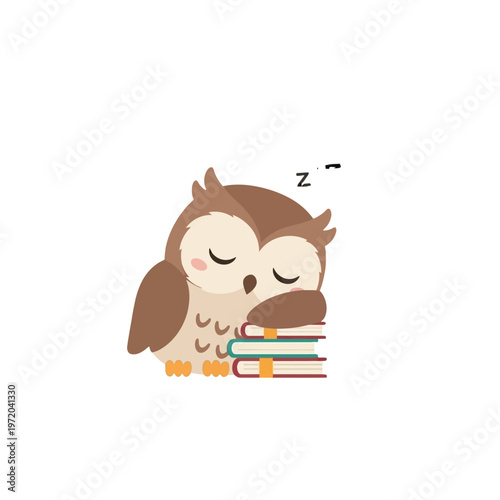 Whimsical cartoon owl character peacefully sleeping on a colorful stack of books, symbolizing a love for reading, deep study, or a moment of quiet rest