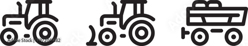 Agricultural tractor and farm trailer icons for heavy machinery and field cultivation symbols.