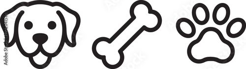 Dog face with bone and paw print icons for veterinary clinic or pet shop web design elements.