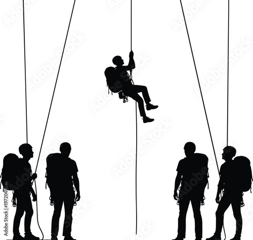 Climbers rappelling silhouettes with rope gear, mountaineering team training, adventure sport concept, hiking and climbing activity, outdoor expedition isolated on white background set