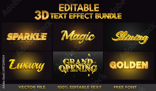 Editable 3D text effect bundle with sparkle, magic, shining, luxury, grand opening, and golden styles, gold effect, graphic design, dark background, and graphic resources