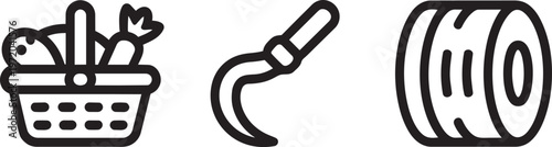 Garden basket with vegetables sickle and hay bale icons for farm harvest and agriculture set.