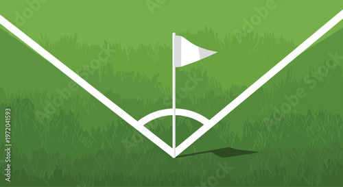 A white triangular corner flag stands on a pole at the corner of a green grass sports field with white markings.