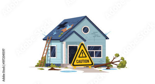 A damaged light blue house with a dark blue roof and broken windows stands with a ladder, caution sign, and fallen tree branches.