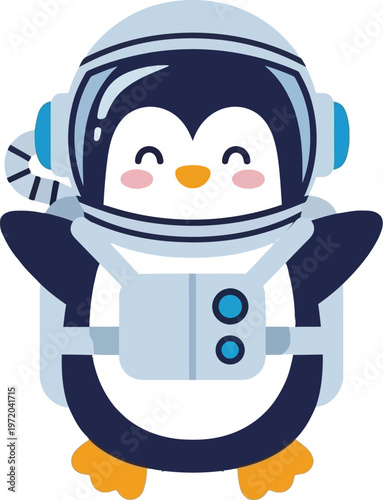 Adorable cartoon penguin dressed in a space suit, ready for an interstellar adventure, with a cheerful expression