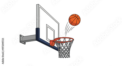 An orange basketball bounces off the rim and falls through a white net of a hoop attached to a backboard.