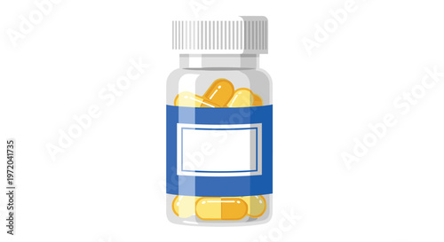 A transparent plastic bottle filled with yellow capsules stands upright with a blue label on a white background.